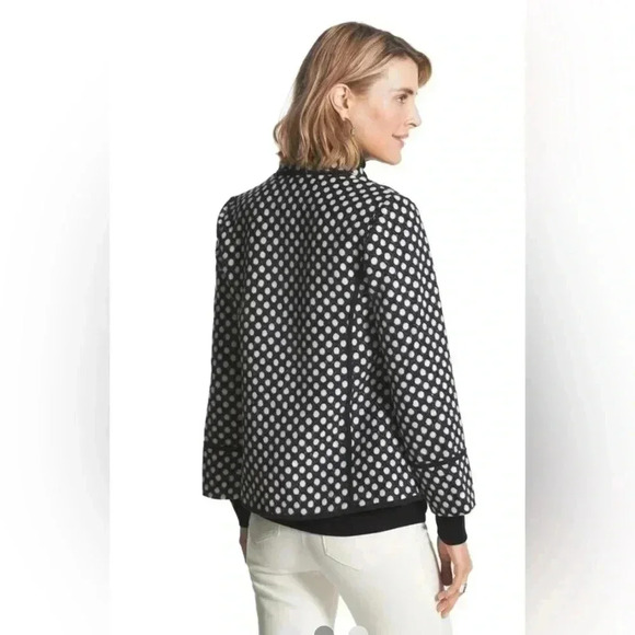 Chicos Polka Dot Plush Jacket Open Front Pockets Black White Collared - Picture 3 of 14